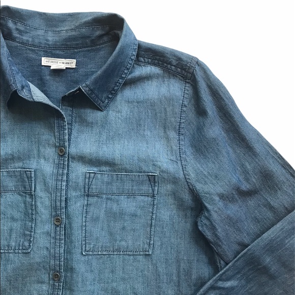 Melrose&Market Collared Raw Hem Chambray Shirt XXS - Picture 5 of 7